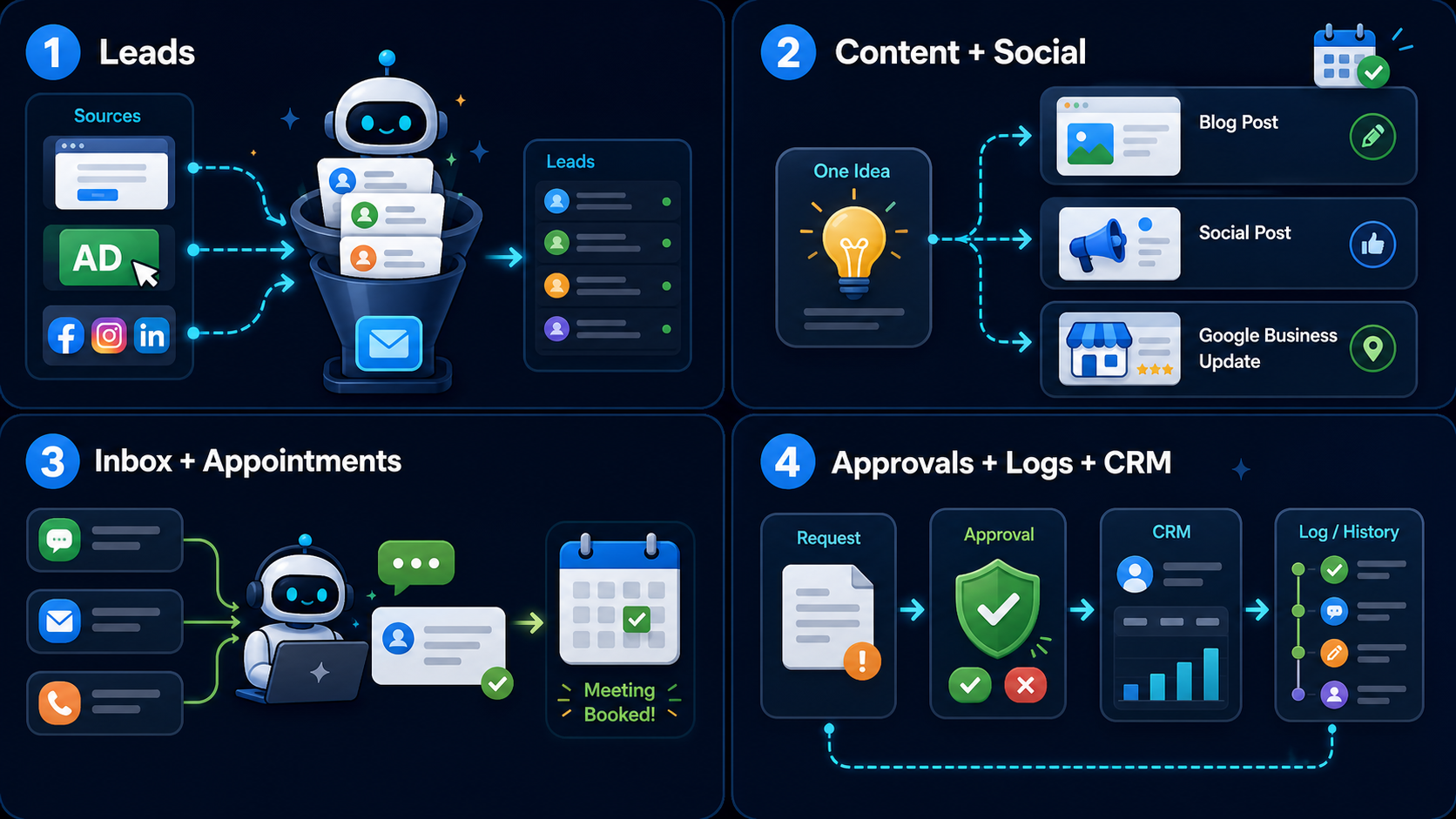 Cartoon infographic showing leads, content, inbox, social, appointments, approvals, logs, and CRM