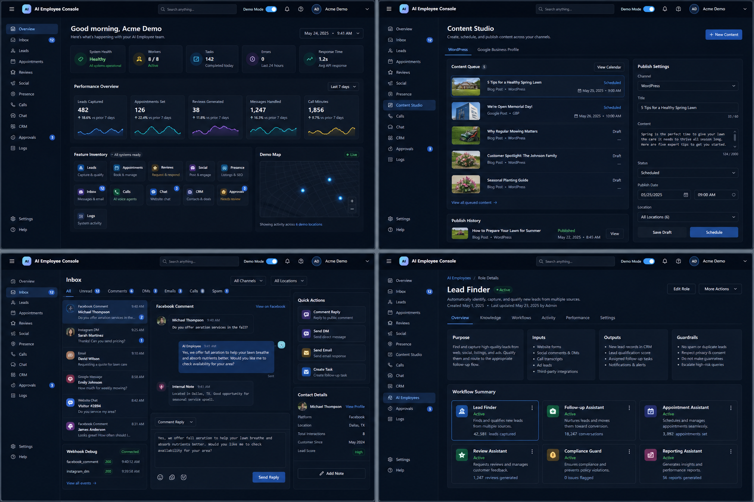Console screenshots showing dashboard, content, inbox, and role pages