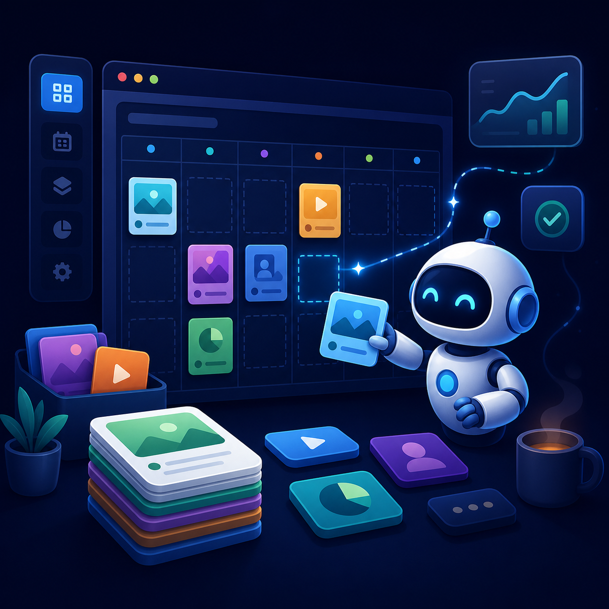 Cartoon illustration of a content publishing studio