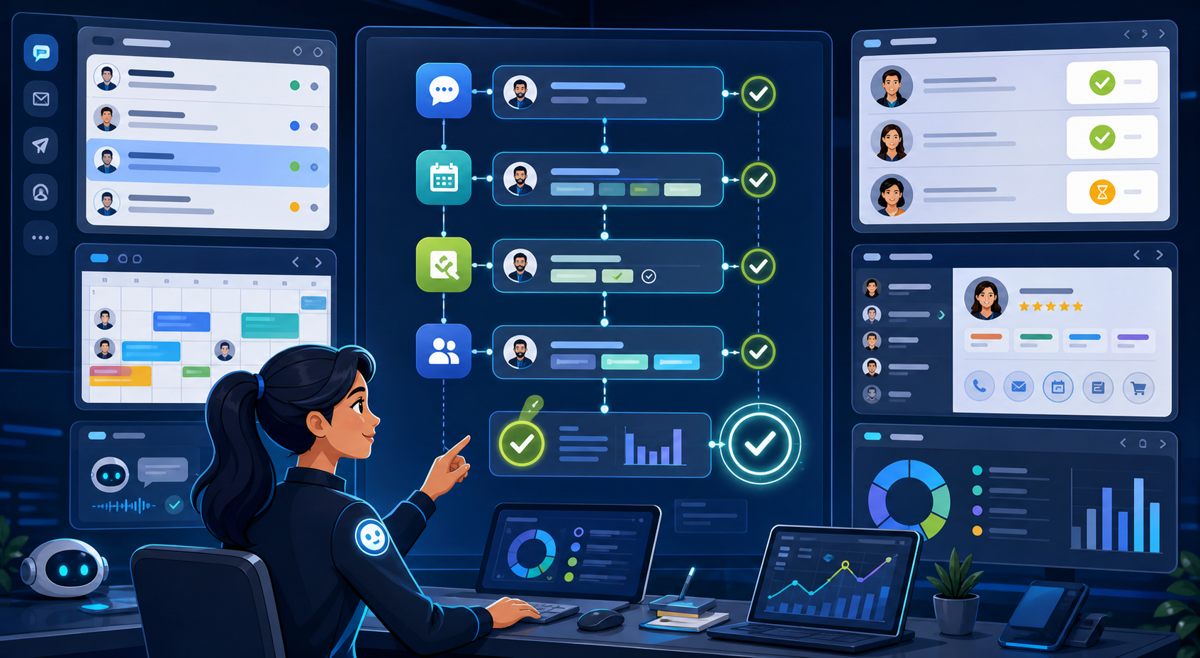Employee workflow showing inbox handling, scheduling, approvals, reporting, and completed outcome panels
