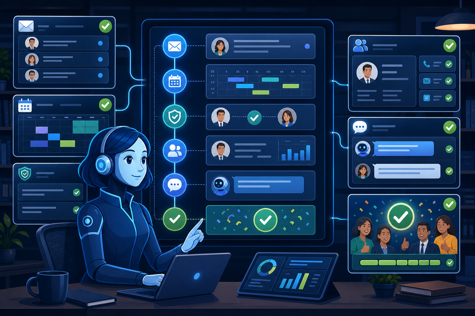 Employee workflow showing inbox handling, scheduling, approvals, reporting, and completed outcome panels