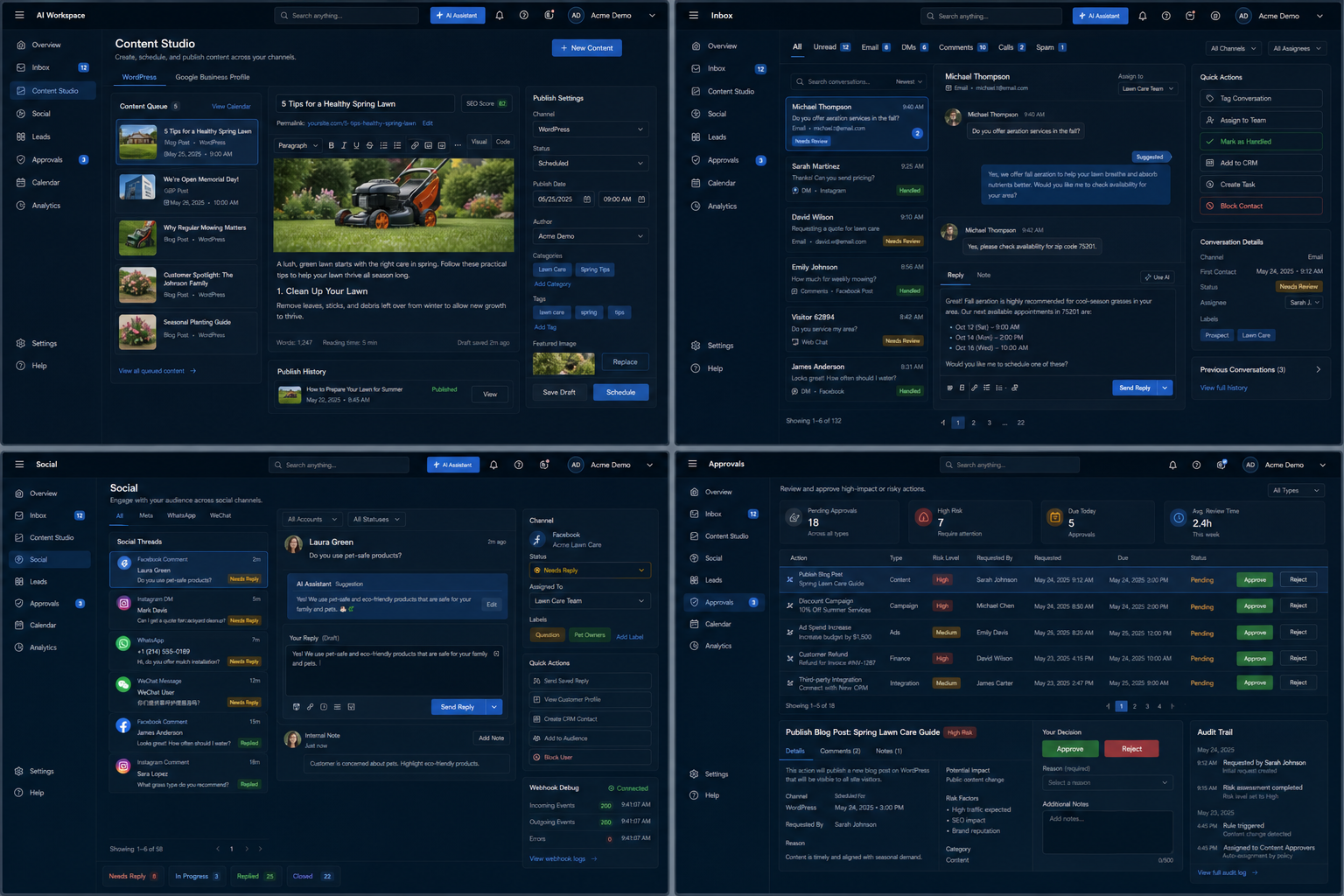 Social and approvals product screens with reply drafts and approval board