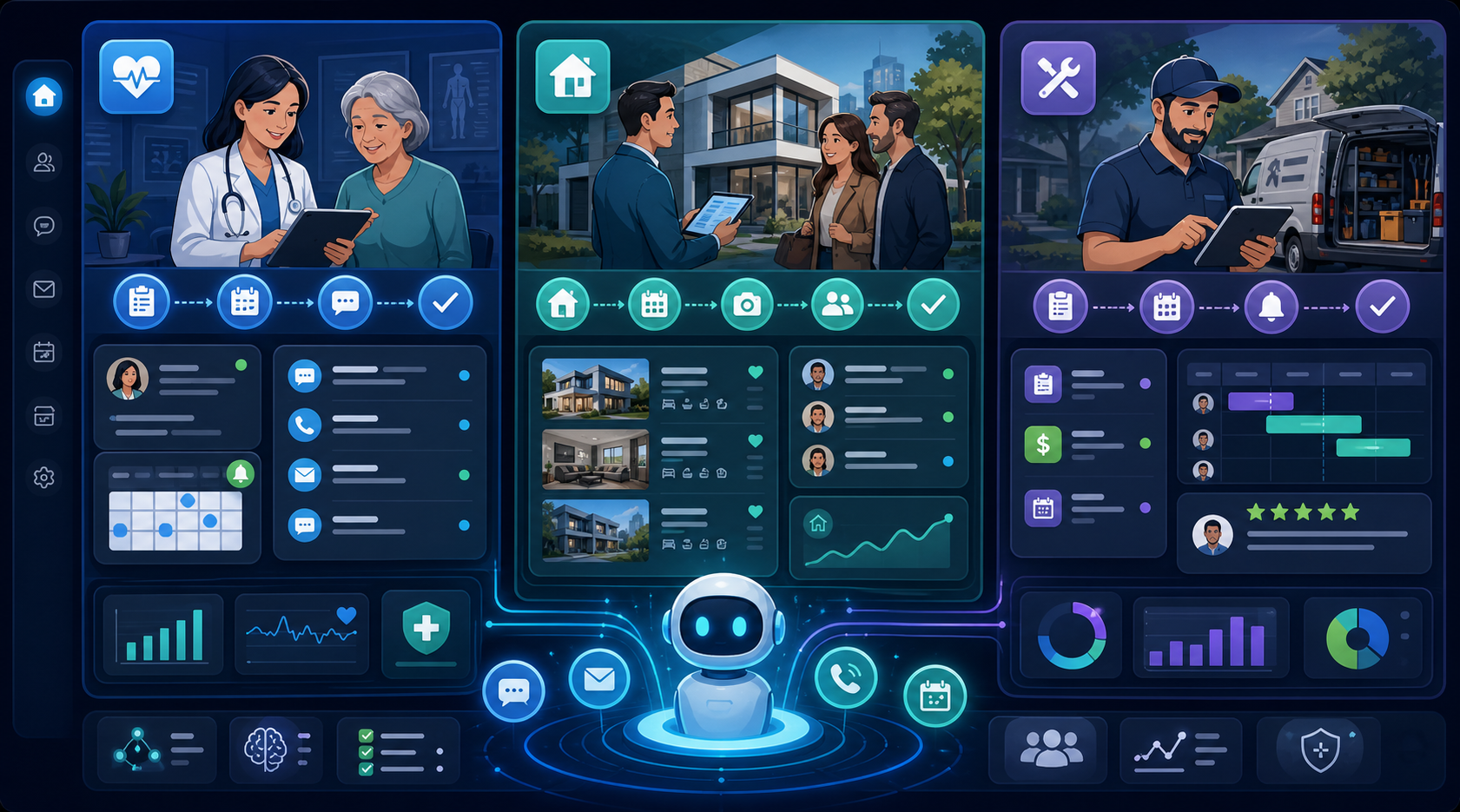 Industry workflow showing healthcare, real estate, and service scenarios with intake, booking, follow-up, and outcome panels