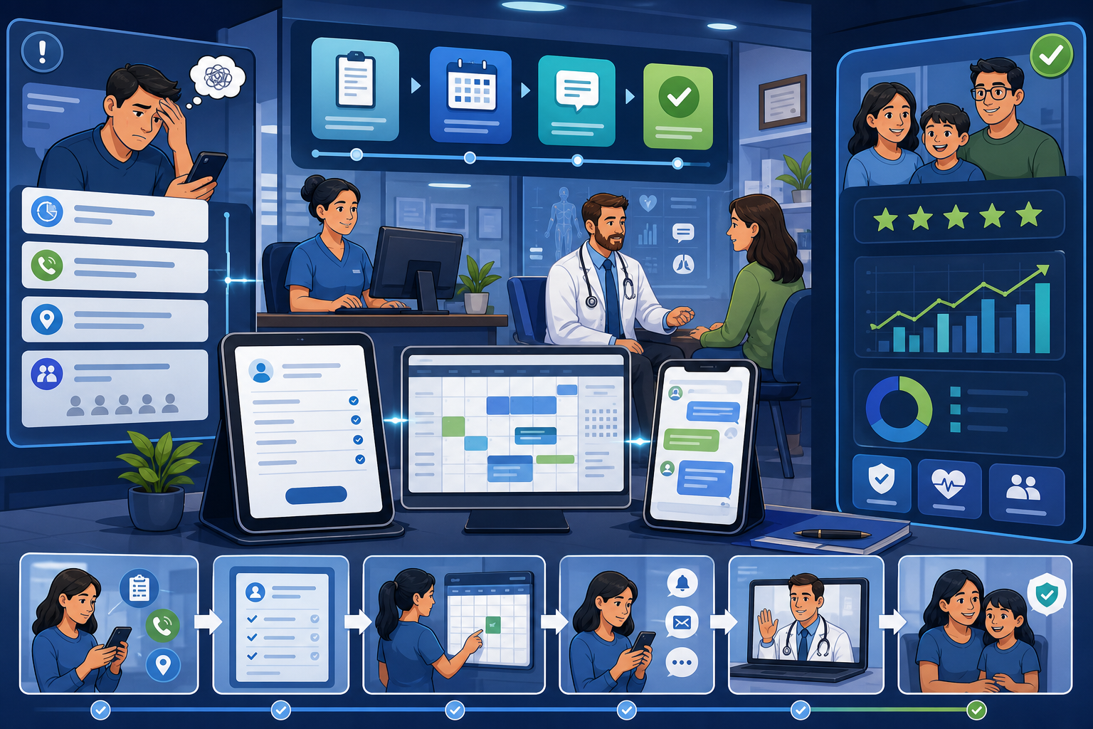 Industry workflow showing intake, scheduling, follow-up, ratings, and outcome panels