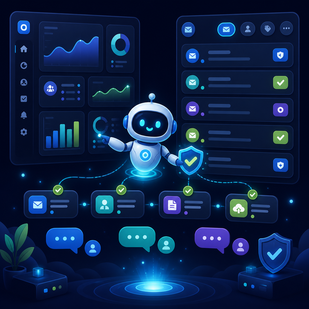 Cartoon illustration of a dashboard and inbox operations center