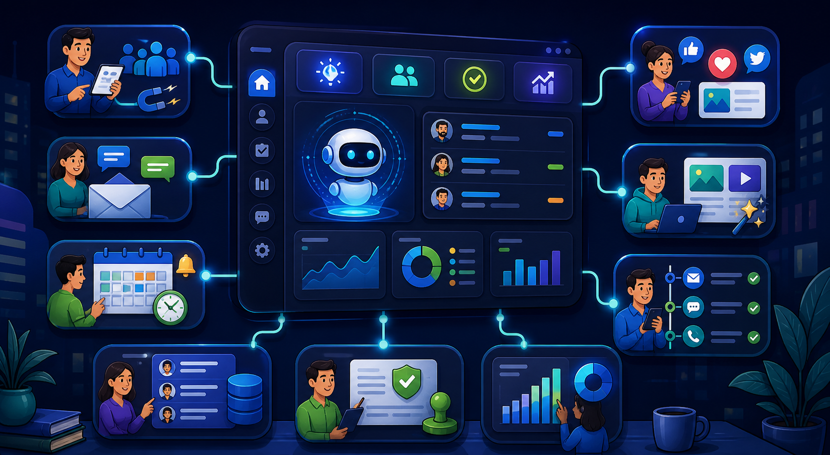 AI platform dashboard showing leads, inbox, calendar, CRM, approvals, reporting, social, and follow-up